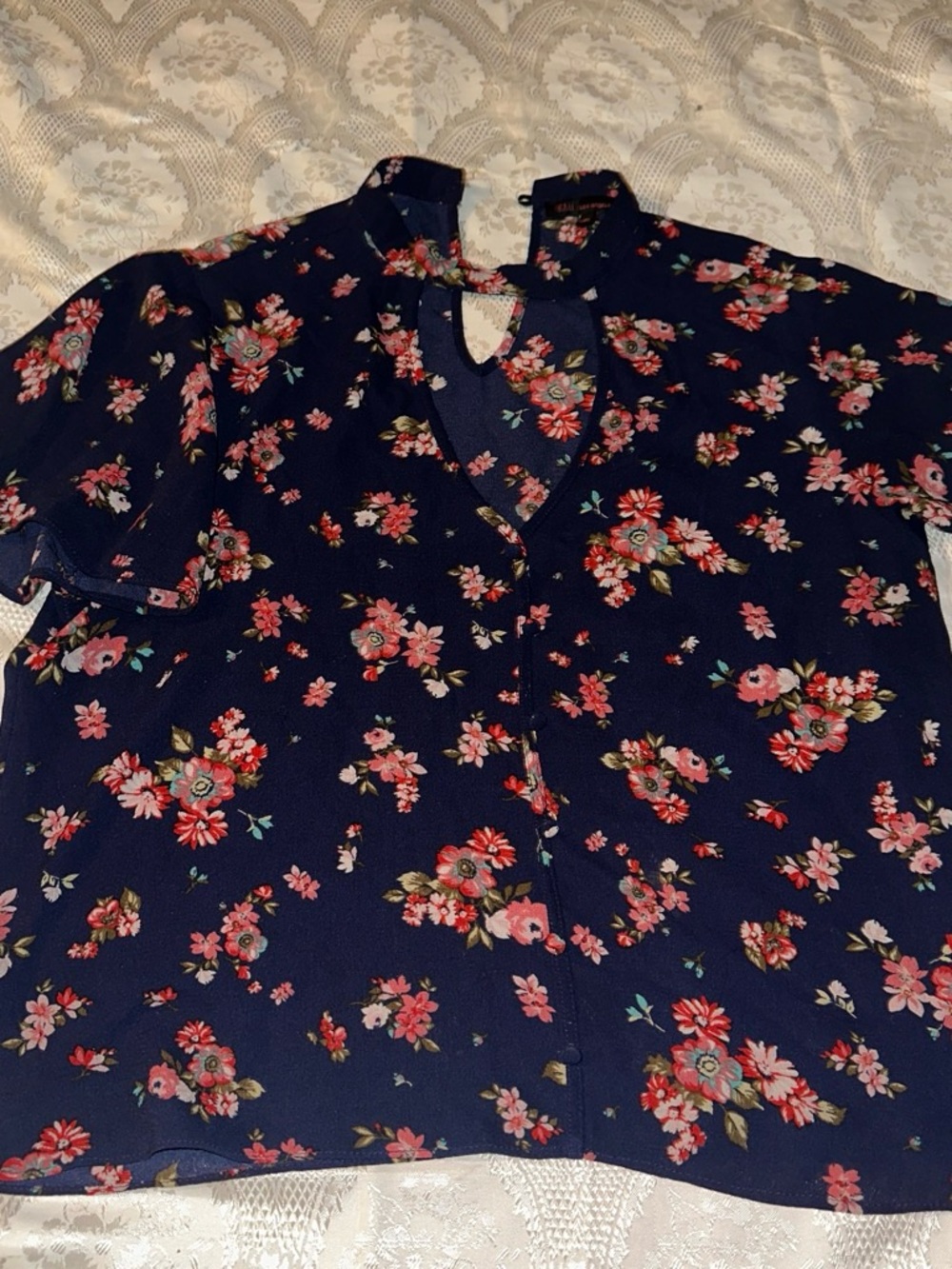 Navy Floral Keyhole Short-Sleeve Blouse